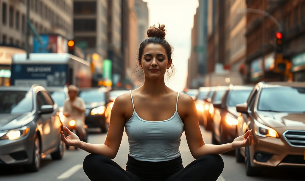 Woman meditating cross-legged in the middle of a quiet city street.