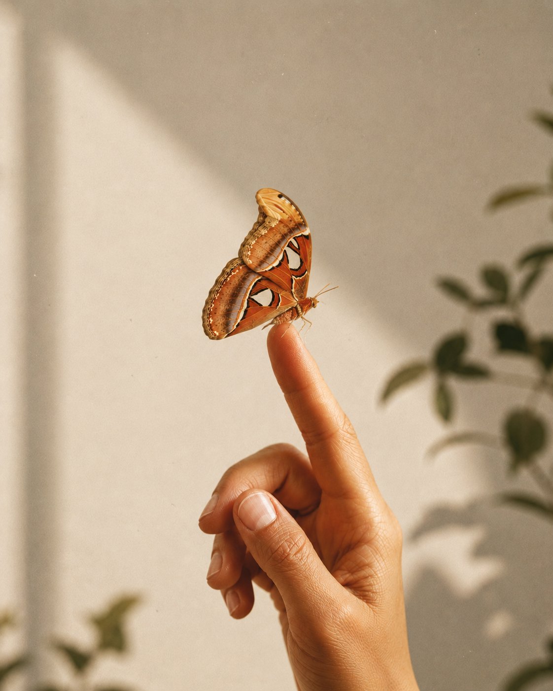 Butterfly resting on a fingertip.