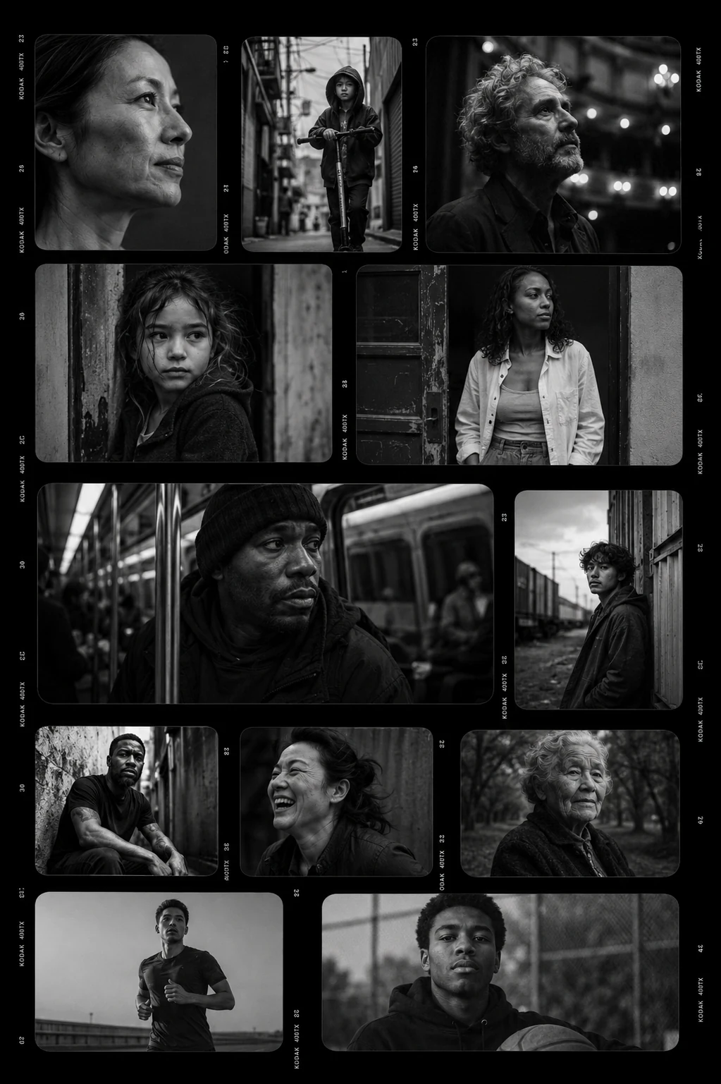 Black and white contact sheet of faces — people of all ages and backgrounds.
