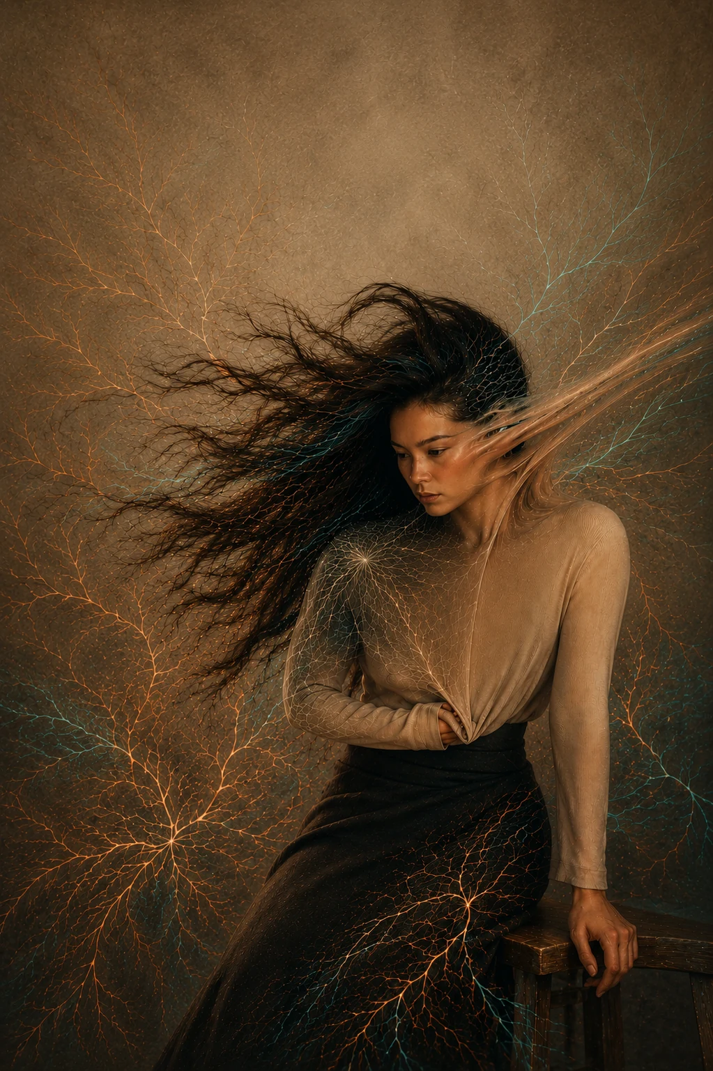 Woman with nervous system tendrils extending from her body